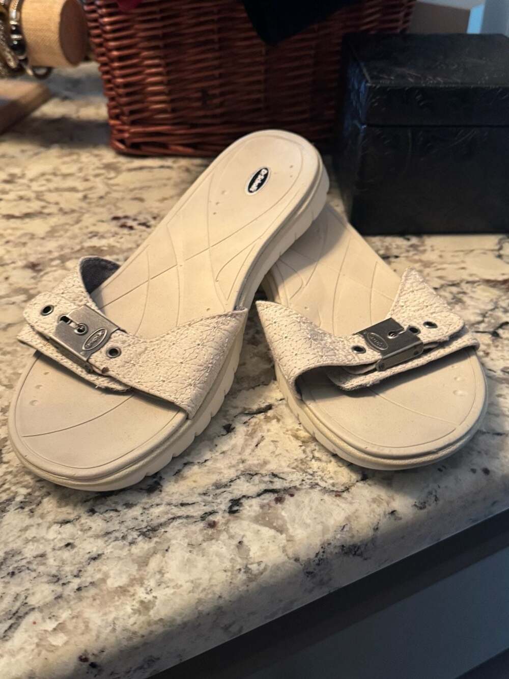 Dr. Scholl's Women's Off-White Buckle Slide Sandals with rubber soles